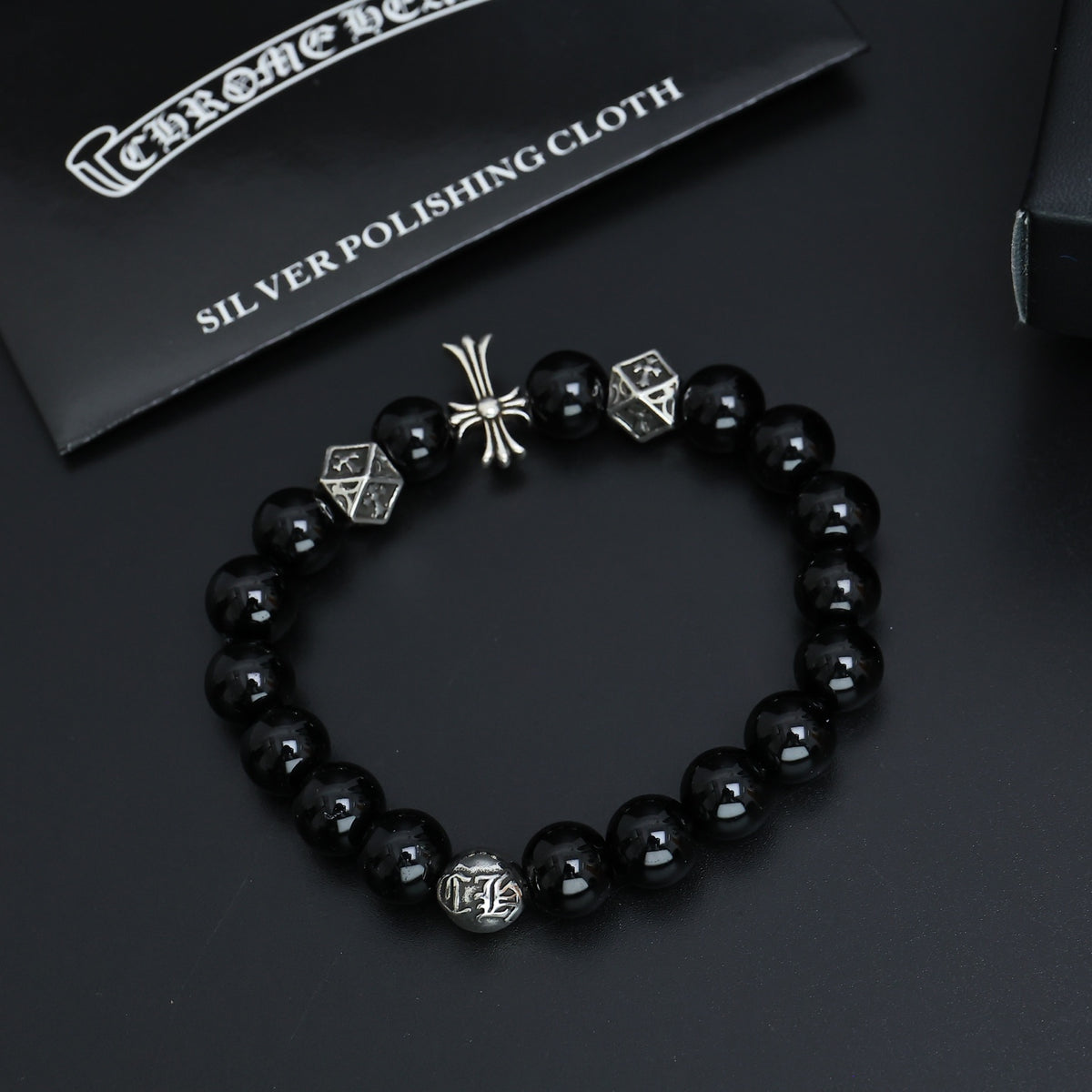 Gothic Emblem Beaded Bracelet in Antique Silver-Tone – Design 25 detail view