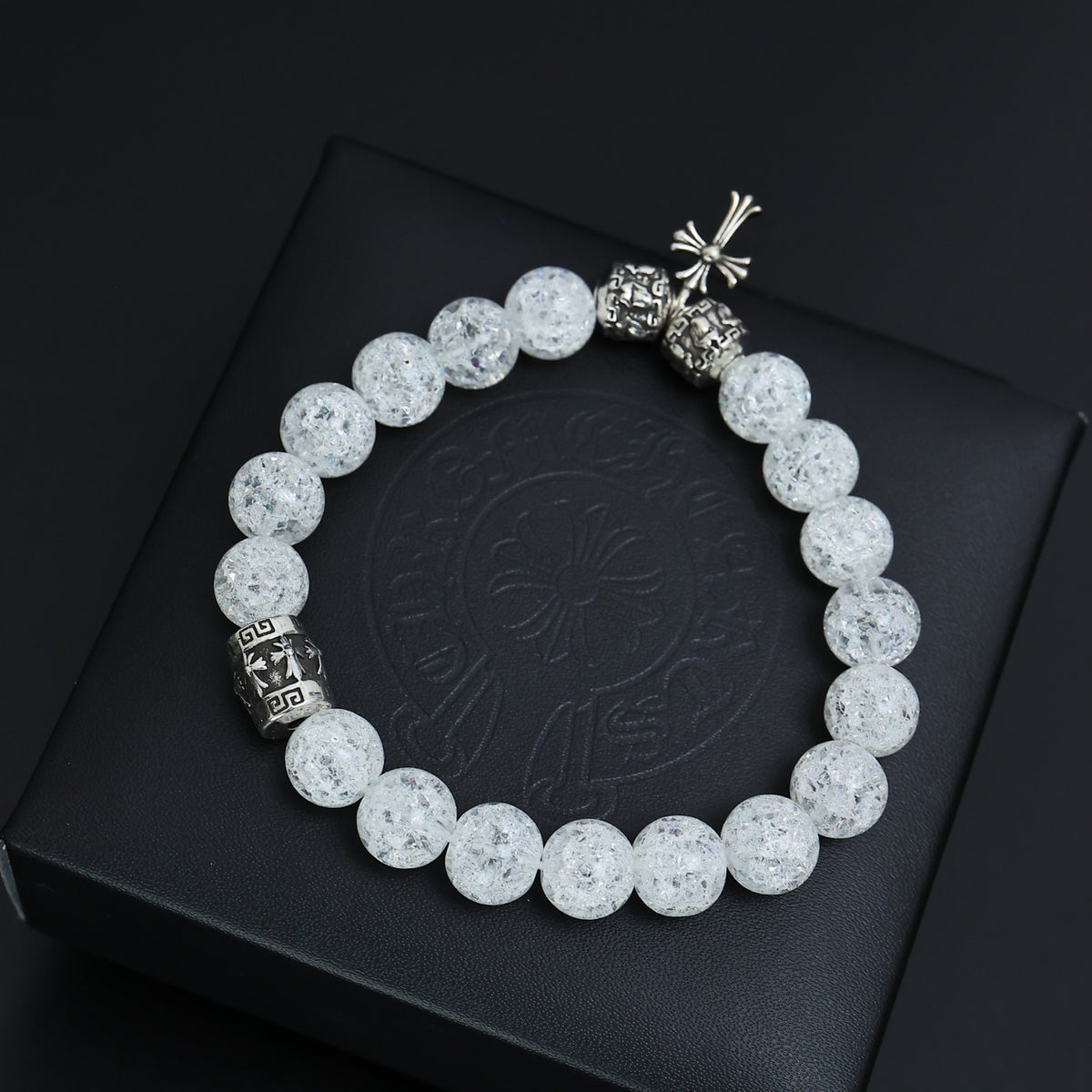 Gothic Emblem Beaded Bracelet in Antique Silver-Tone – Design 03 front product view