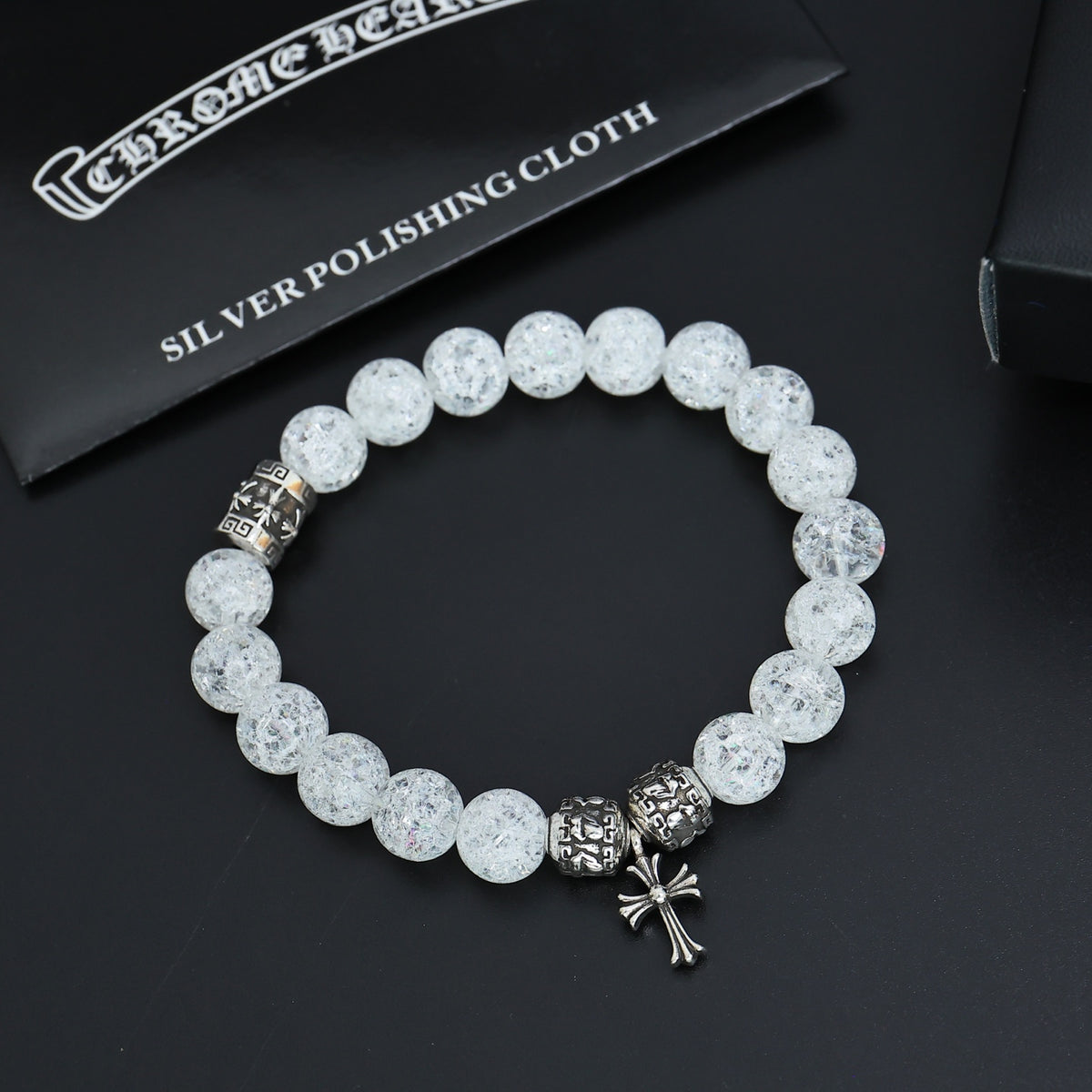Gothic Emblem Beaded Bracelet in Antique Silver-Tone – Design 25 side detail