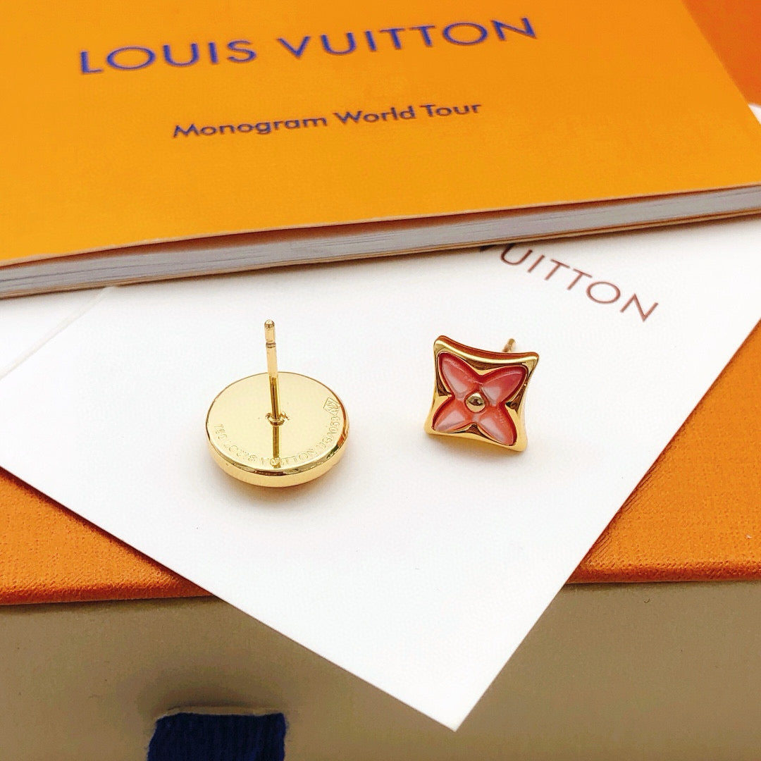 Floral Stud Earrings in Gold-Tone – Pink Detail – Design 002 front product view