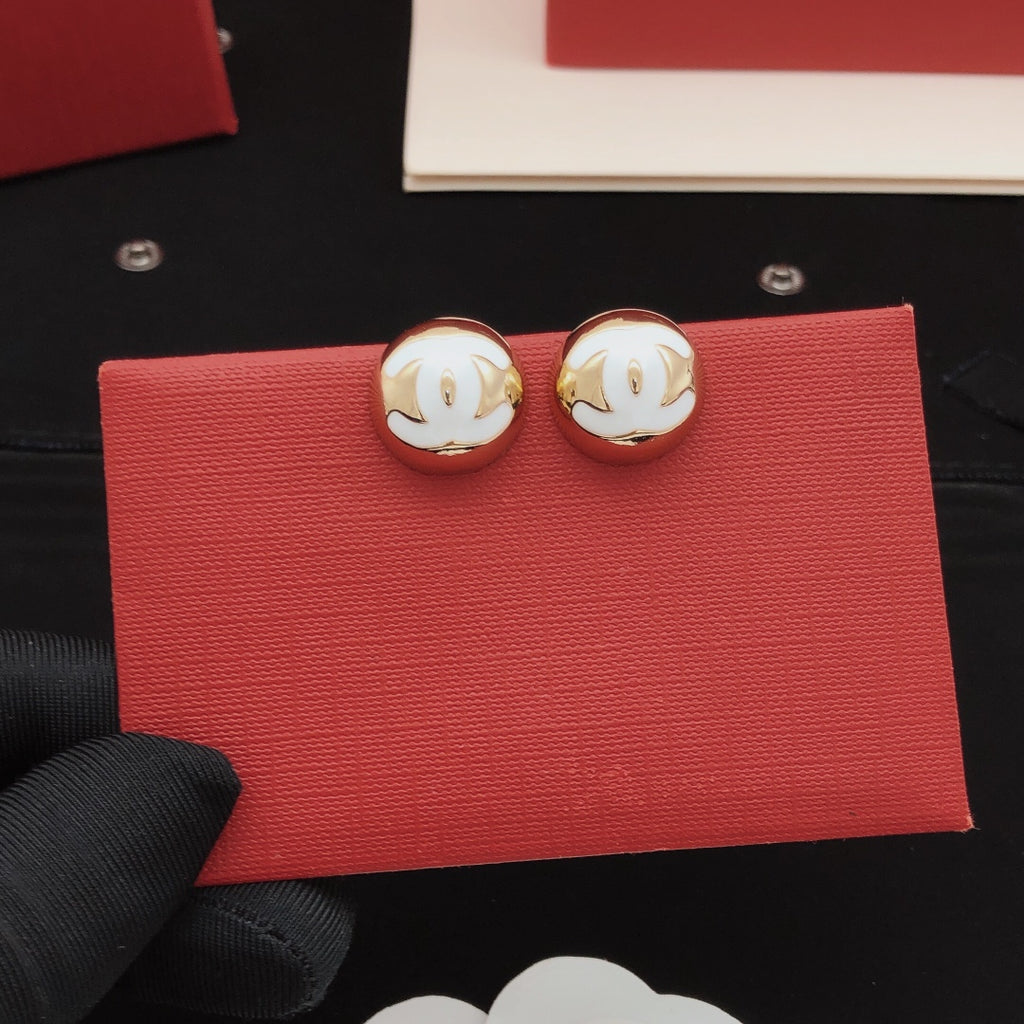 Round Stud Earrings in Gold-Tone – White Detail side detail