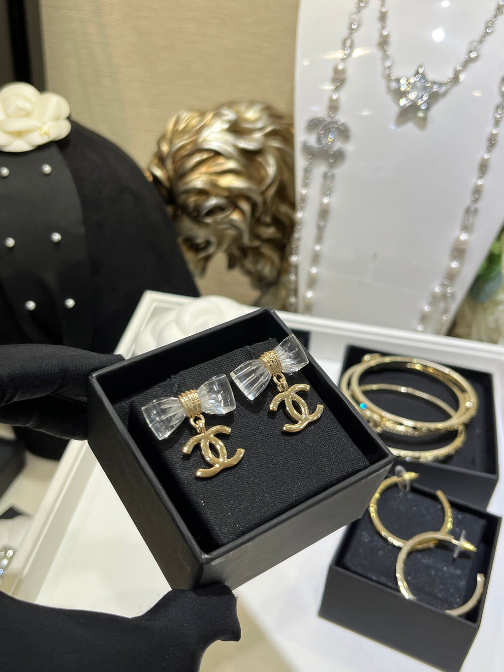 Double-C Emblem Stud Earrings in Gold-Tone – Design 010 front product view
