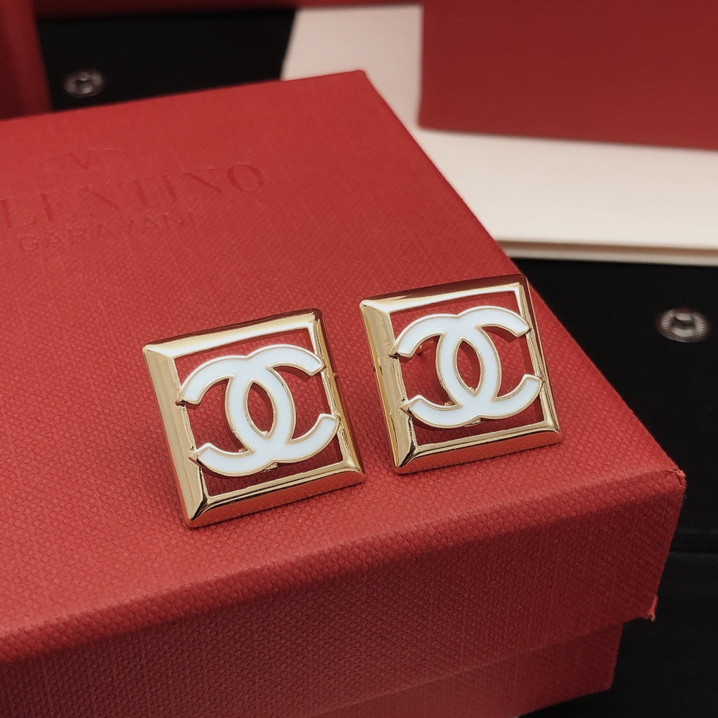 Square Stud Earrings in Gold-Tone – White Detail front product view