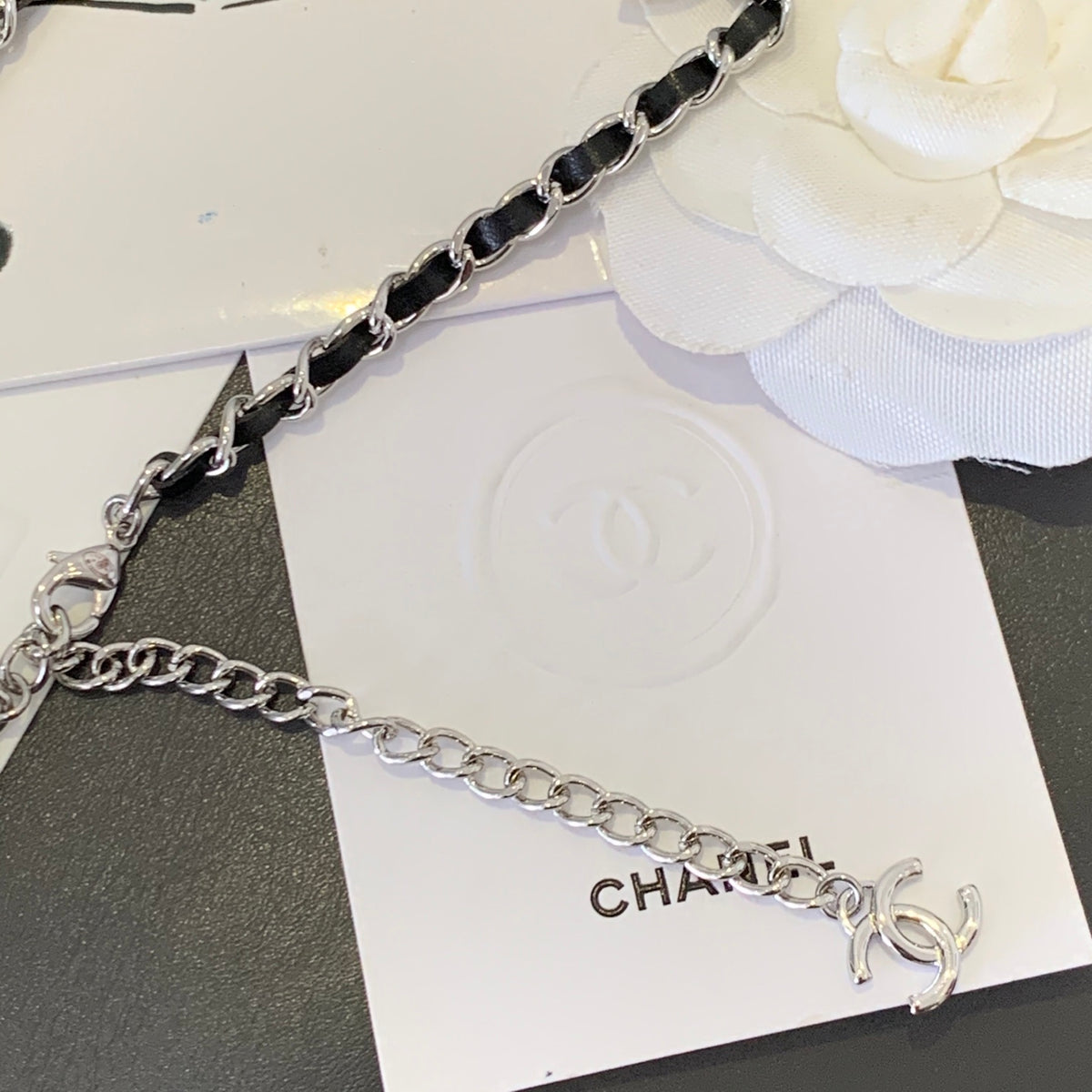 Signature Emblem Pendant Necklace in Polished Metal-Tone – Black Detail – Design 002 styled product view