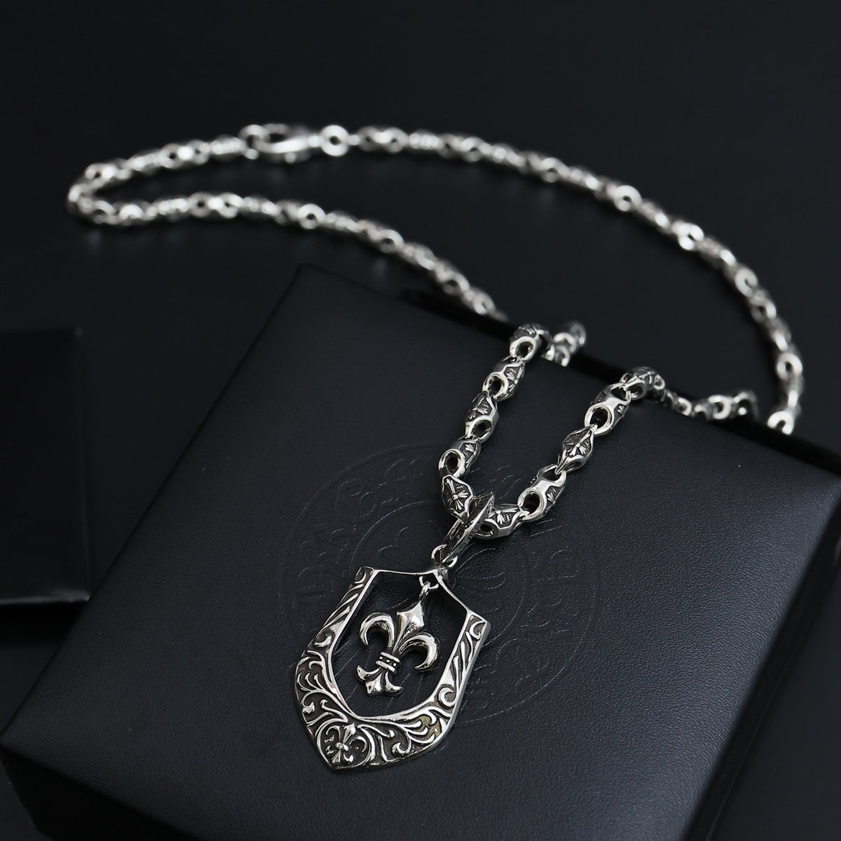 Gothic Emblem Pendant Necklace in Antique Silver-Tone – Design 22 front product view