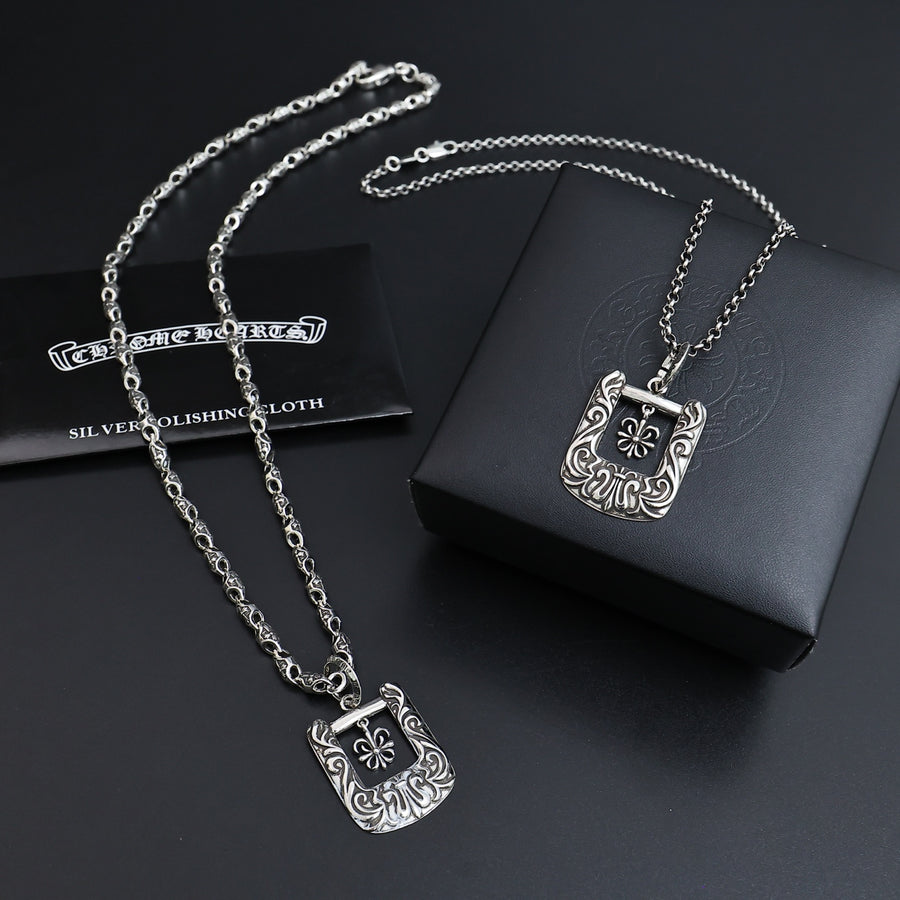 Gothic Emblem Pendant Necklace in Antique Silver-Tone – Design 21 main product view