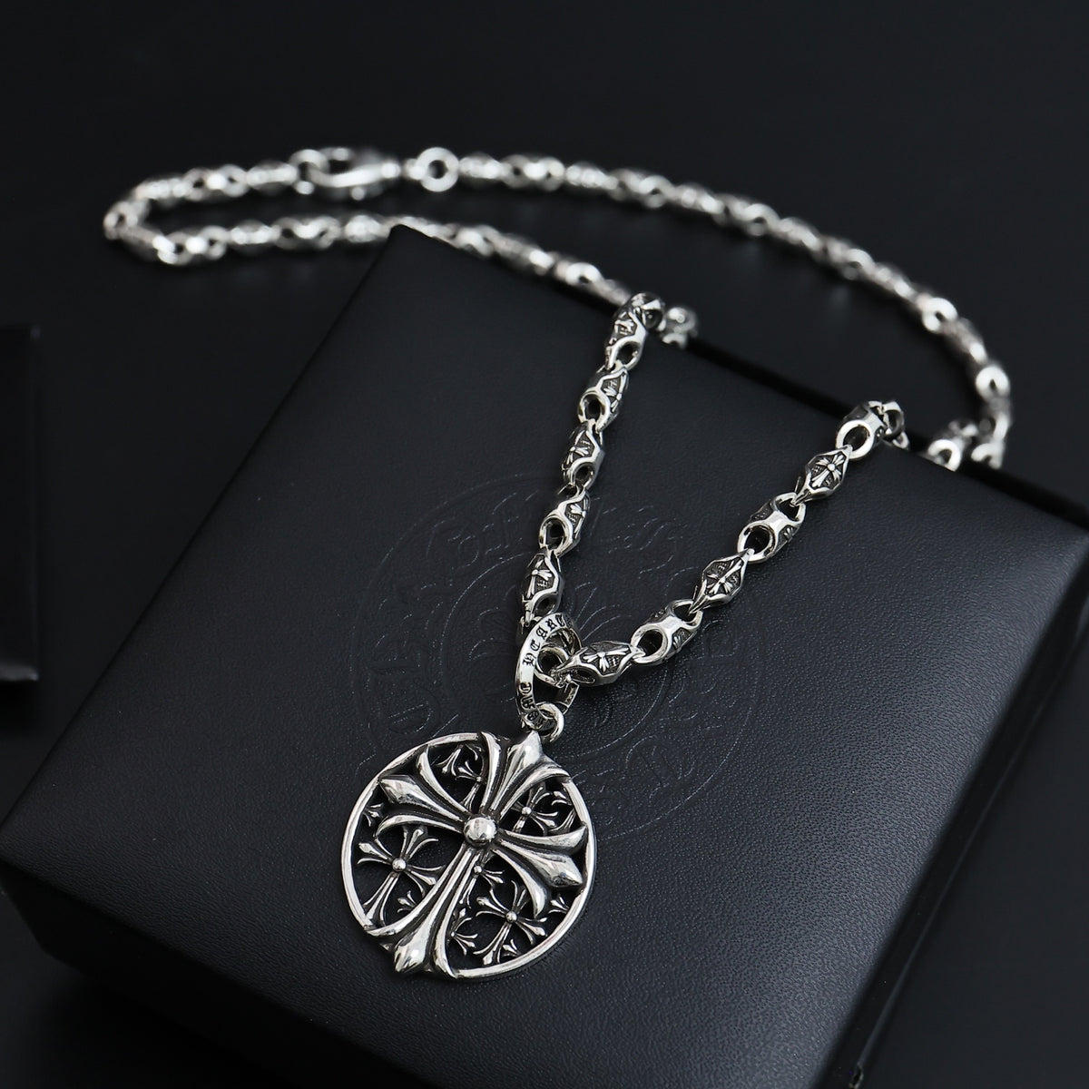 Gothic Emblem Pendant Necklace in Antique Silver-Tone – Design 20 front product view