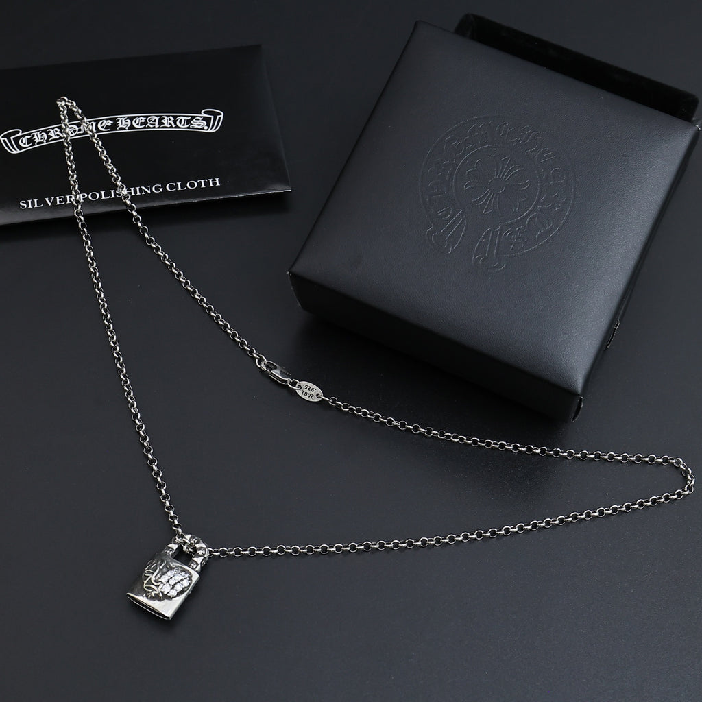 Gothic Emblem Pendant Necklace in Antique Silver-Tone – Design 01 side detail