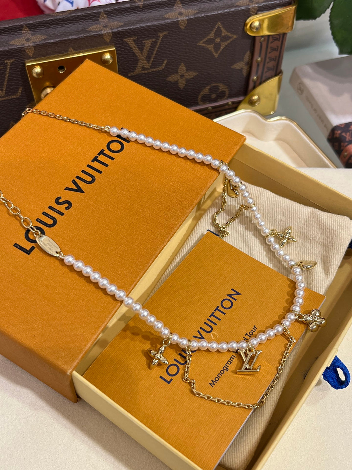 Letter Emblem Pendant Necklace in Gold-Tone – Pearl Detail front product view