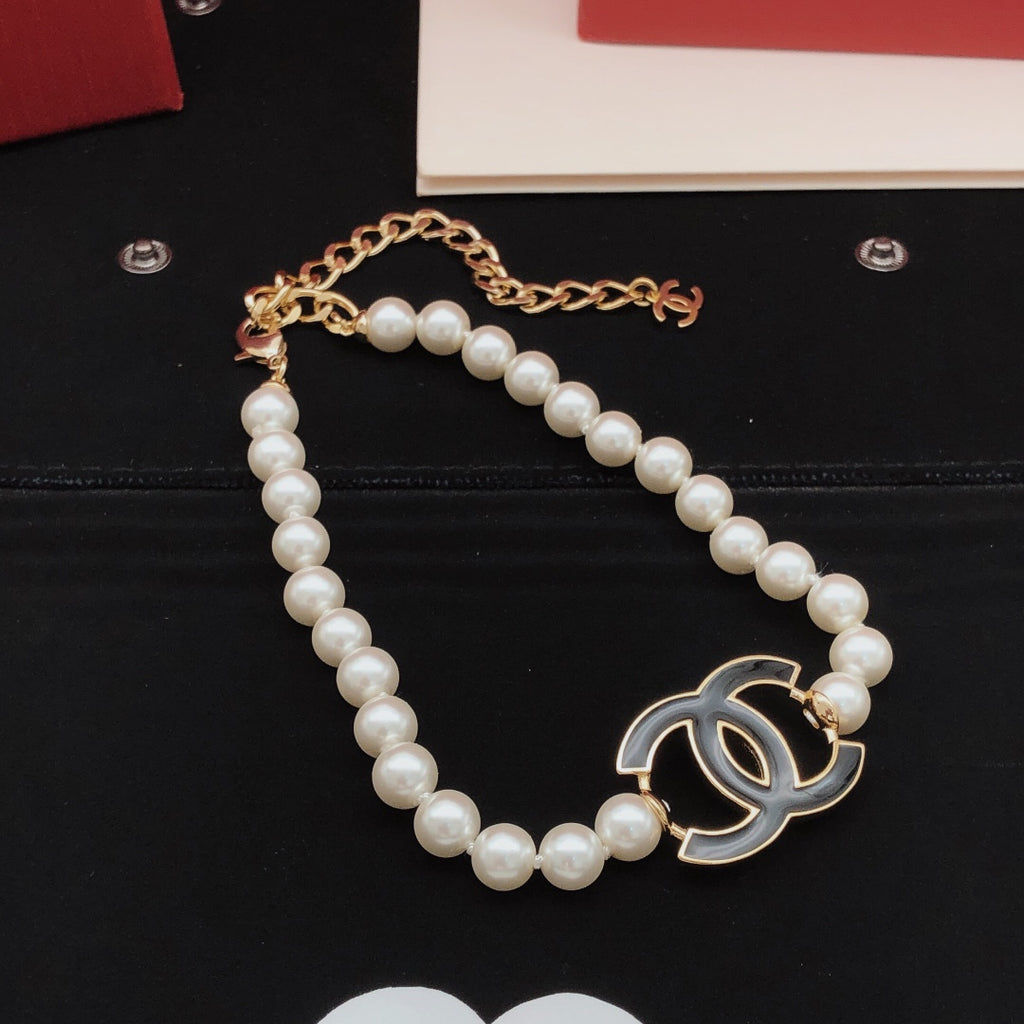Double-C Emblem Pearl-Detail Pendant Necklace – Pearl Detail – Design 124 front product view