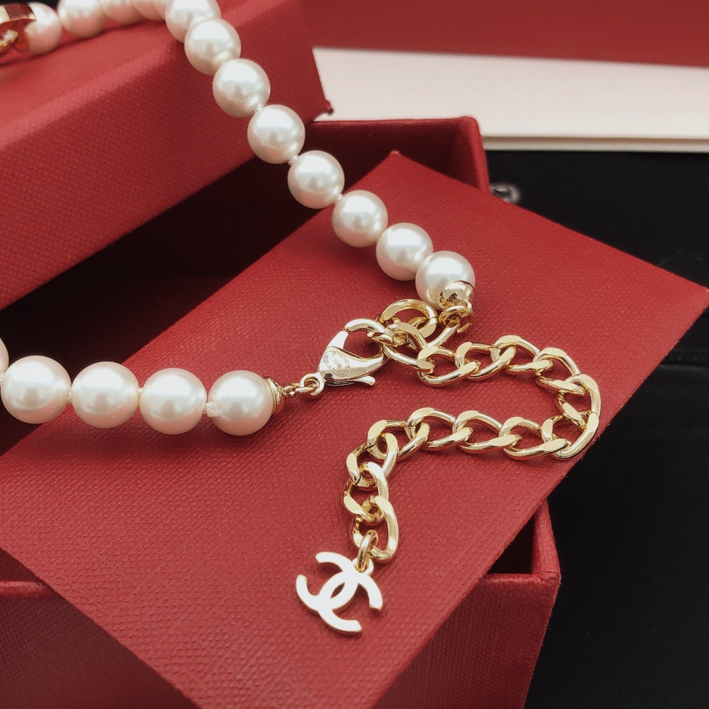 Double-C Emblem Pearl-Detail Pendant Necklace – Pearl Detail – Design 124 close-up detail