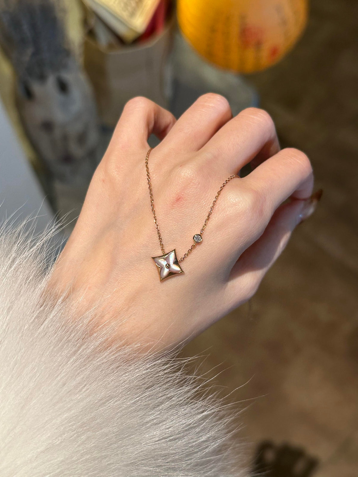 Geometric Emblem Pendant Necklace in Gold-Tone – White Detail – Design 005 detail view