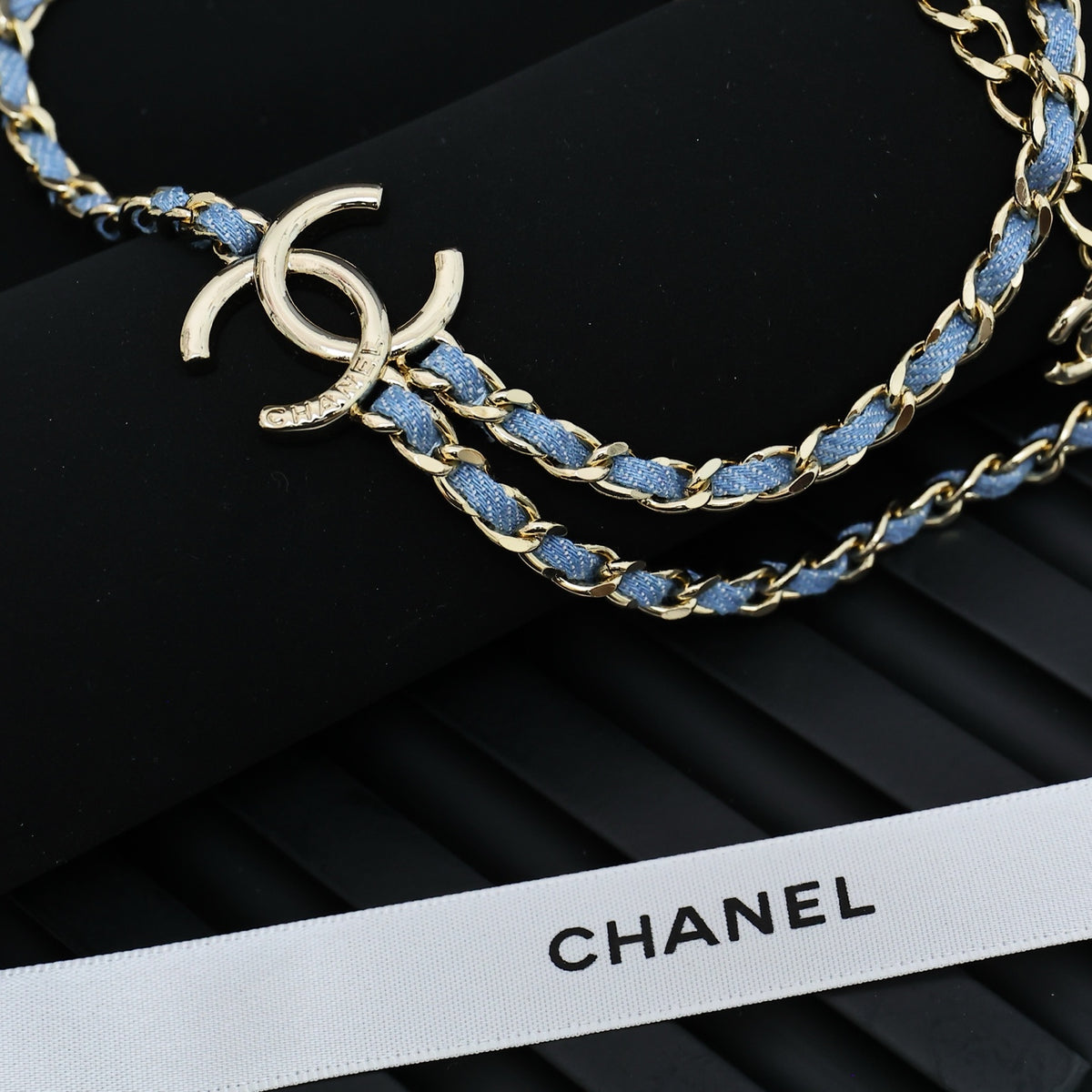 Double-C Emblem Jewelry Accessory in Polished Metal-Tone – Blue Detail front product view