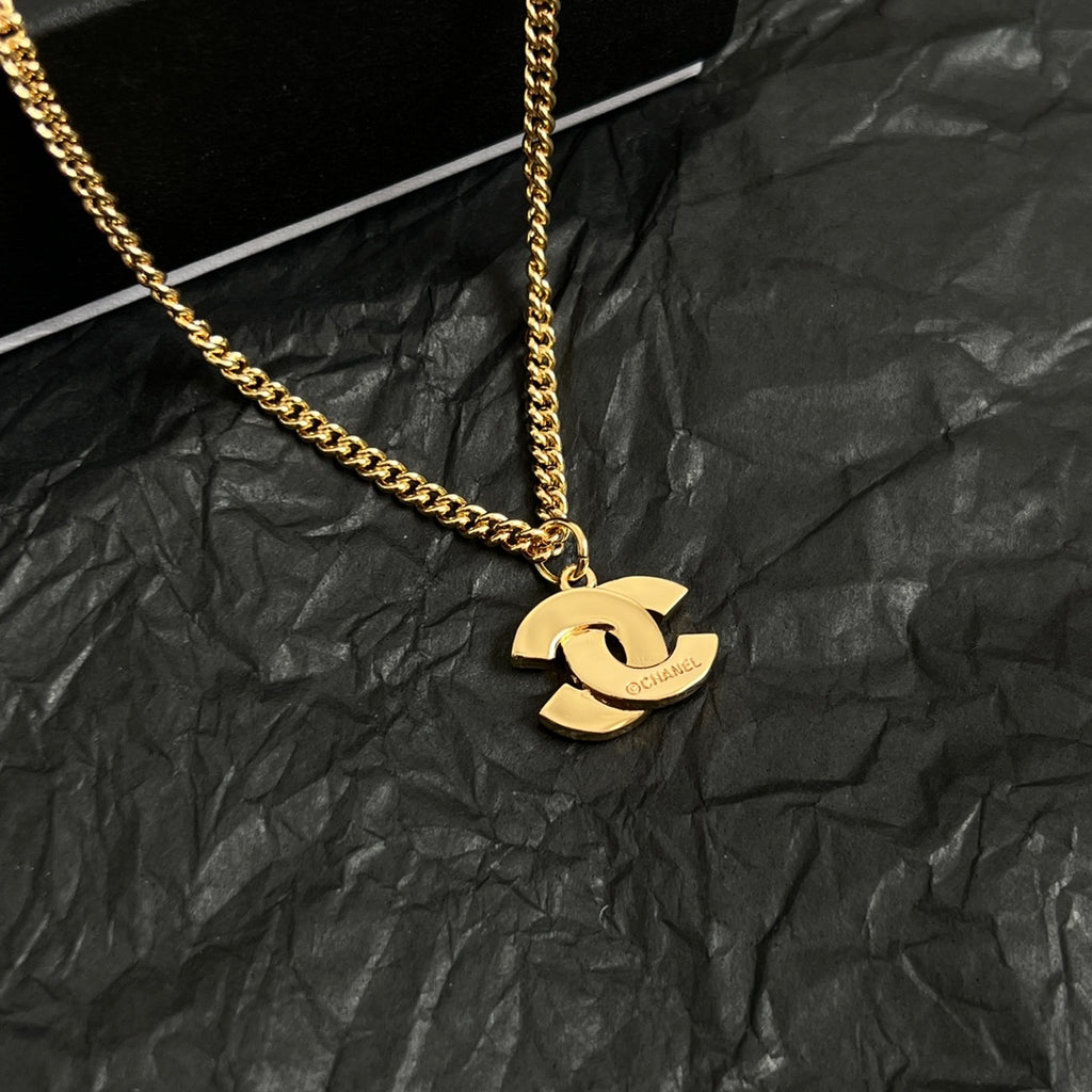 Double-C Emblem Pendant Necklace in Polished Metal-Tone – Design 063 styled product view