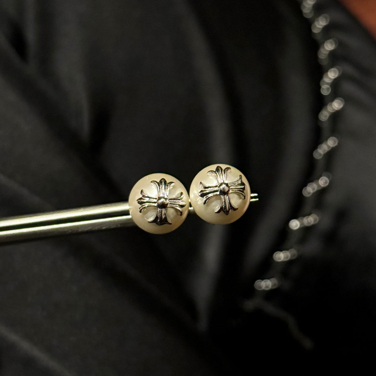 Cross Stud Earrings in Antique Silver-Tone – Design 01 close-up detail