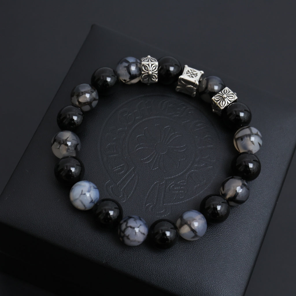 Gothic Emblem Beaded Bracelet in Antique Silver-Tone – Design 12 side detail
