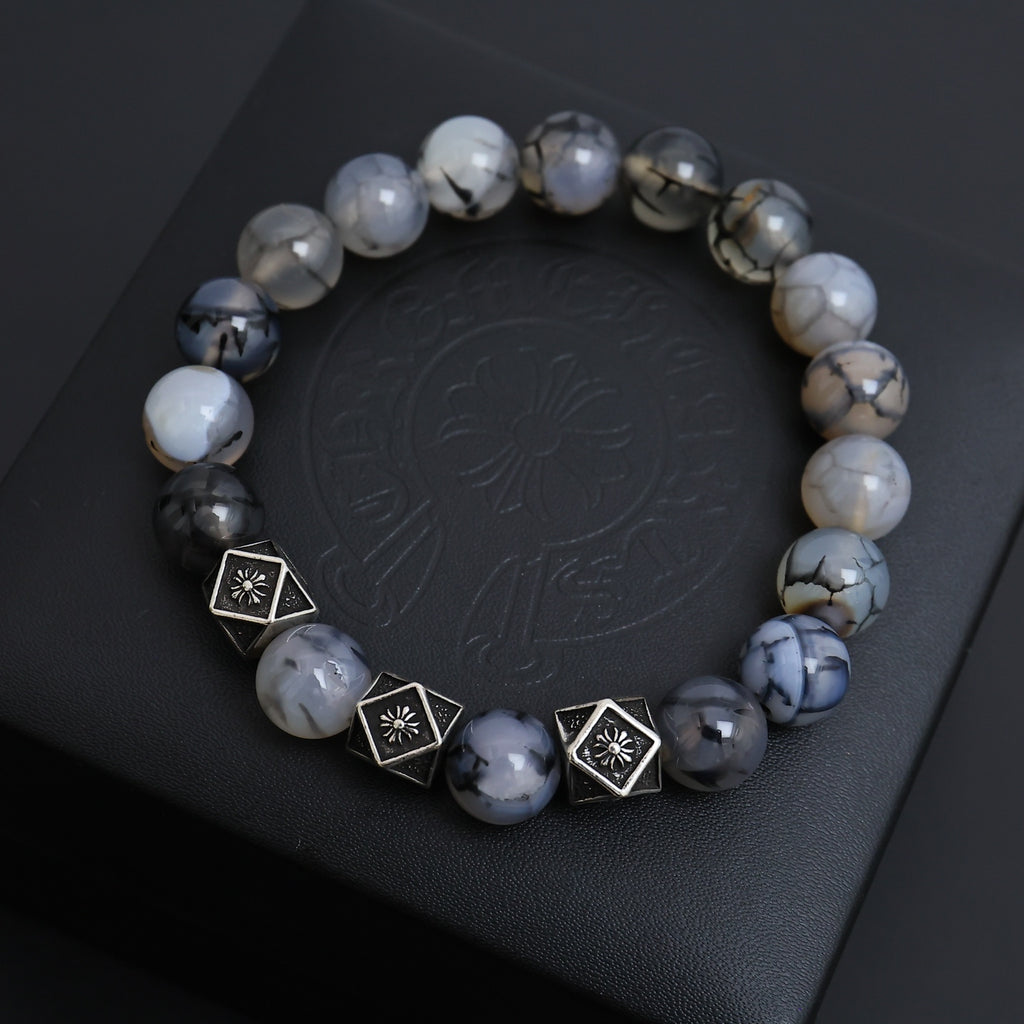Gothic Emblem Beaded Bracelet in Antique Silver-Tone – Design 12 front product view