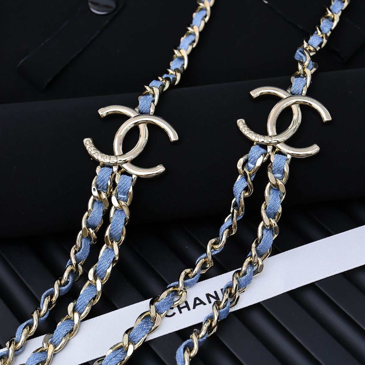 Double-C Emblem Jewelry Accessory in Polished Metal-Tone – Blue Detail – Design 002 front product view