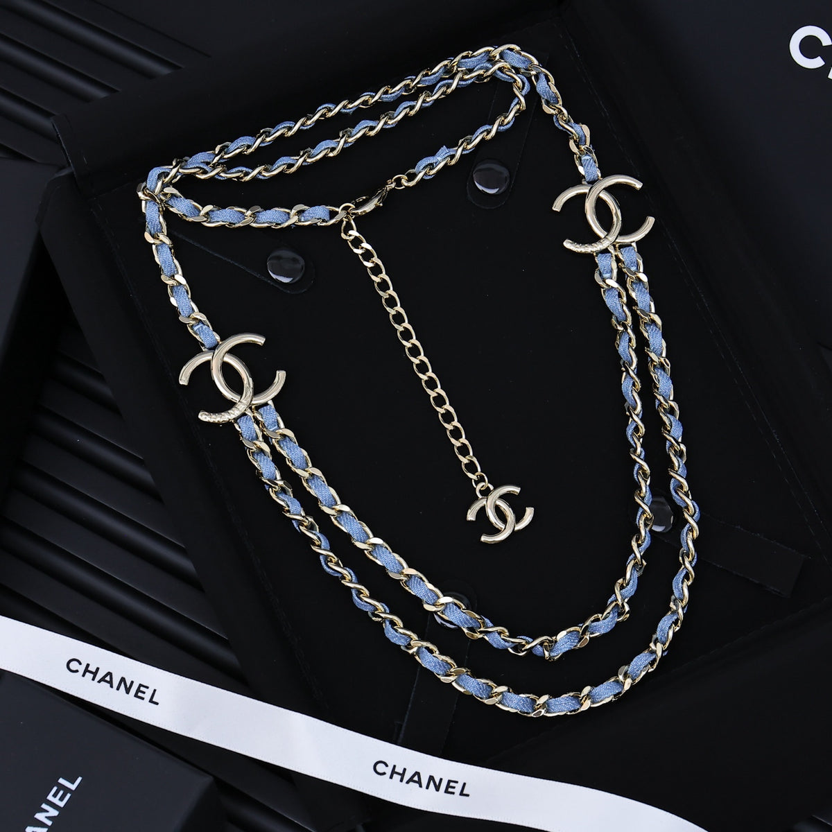 Double-C Emblem Jewelry Accessory in Polished Metal-Tone – Blue Detail – Design 002 detail view