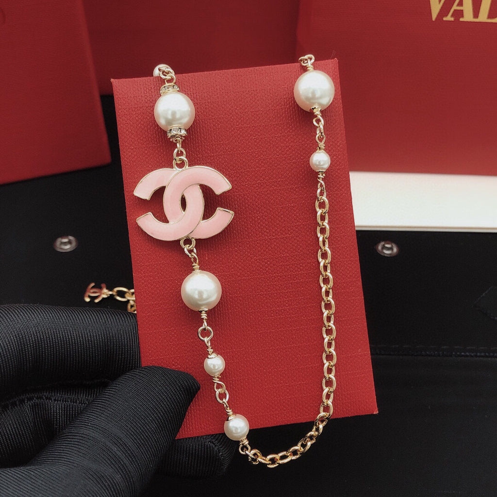 Signature Emblem Pendant Necklace in Gold-Tone – Pink Detail – Design 005 main product view