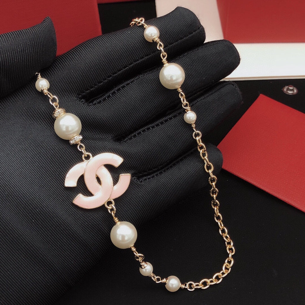 Signature Emblem Pendant Necklace in Gold-Tone – Pink Detail – Design 005 front product view