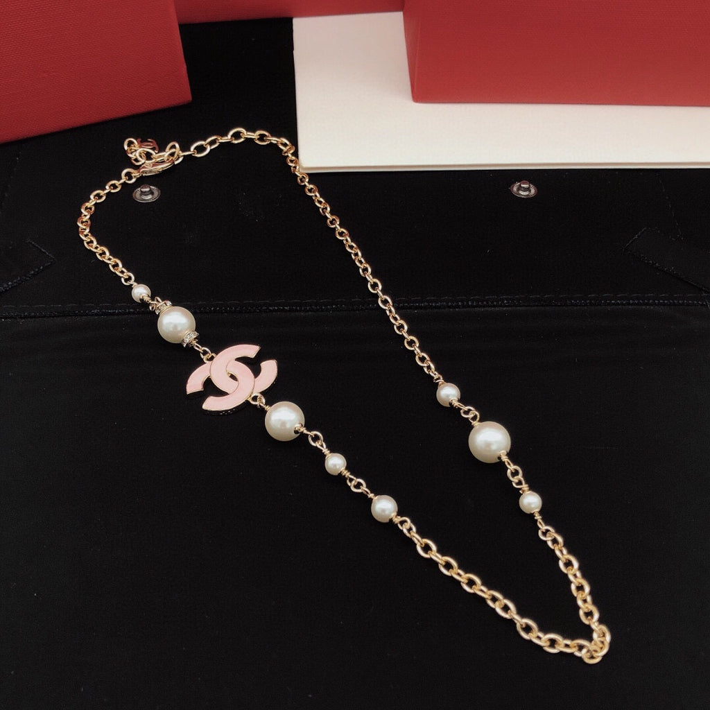 Signature Emblem Pendant Necklace in Gold-Tone – Pink Detail – Design 005 main product view