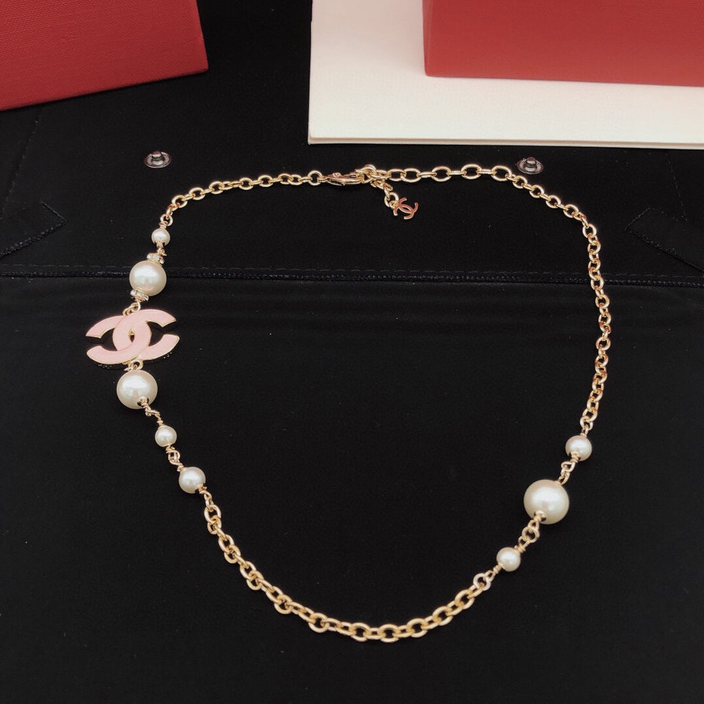 Signature Emblem Pendant Necklace in Gold-Tone – Pink Detail – Design 005 side detail