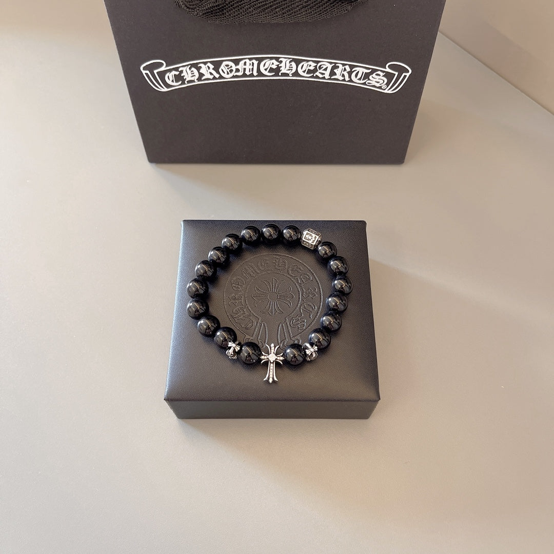 Gothic Emblem Beaded Bracelet in Antique Silver-Tone – Design 39 front product view