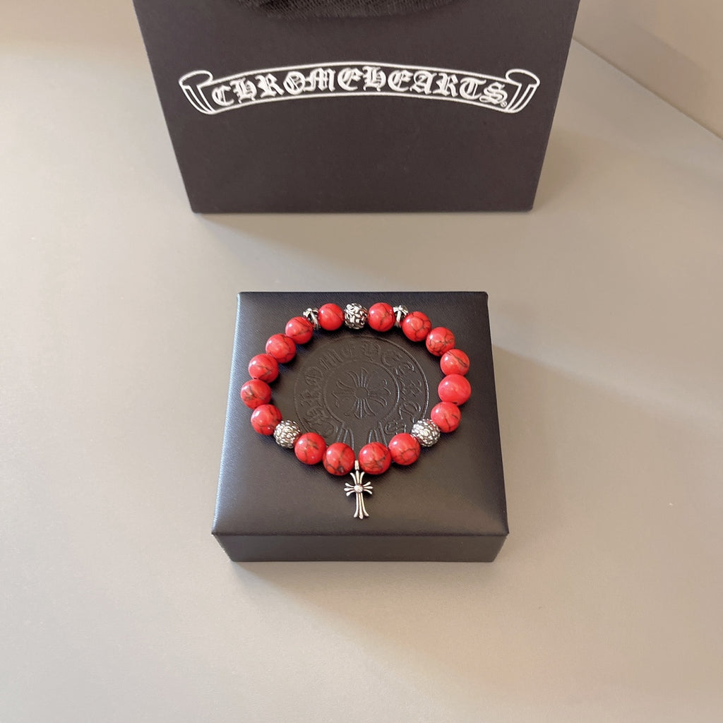 Gothic Emblem Beaded Bracelet in Antique Silver-Tone – Design 40 front product view