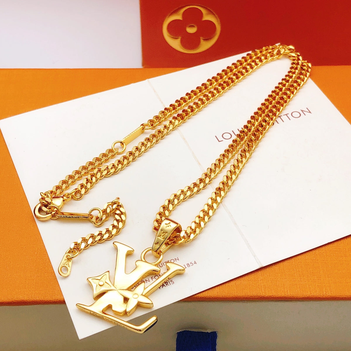 Geometric Emblem Pendant Necklace in Gold-Tone – Design 058 detail view