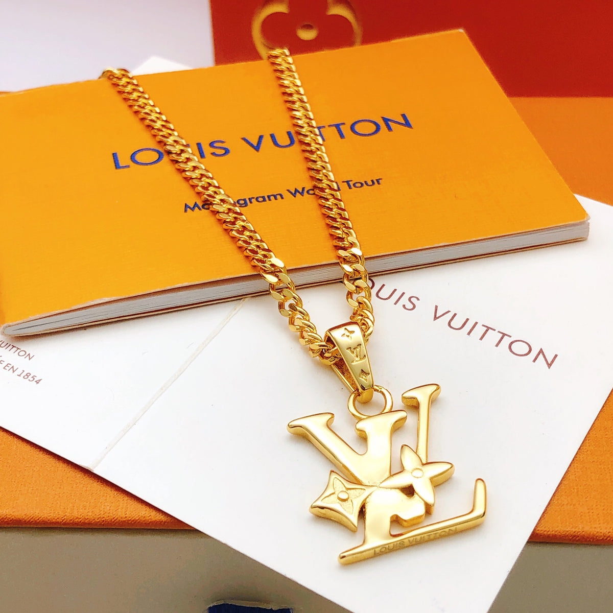 Geometric Emblem Pendant Necklace in Gold-Tone – Design 058 front product view