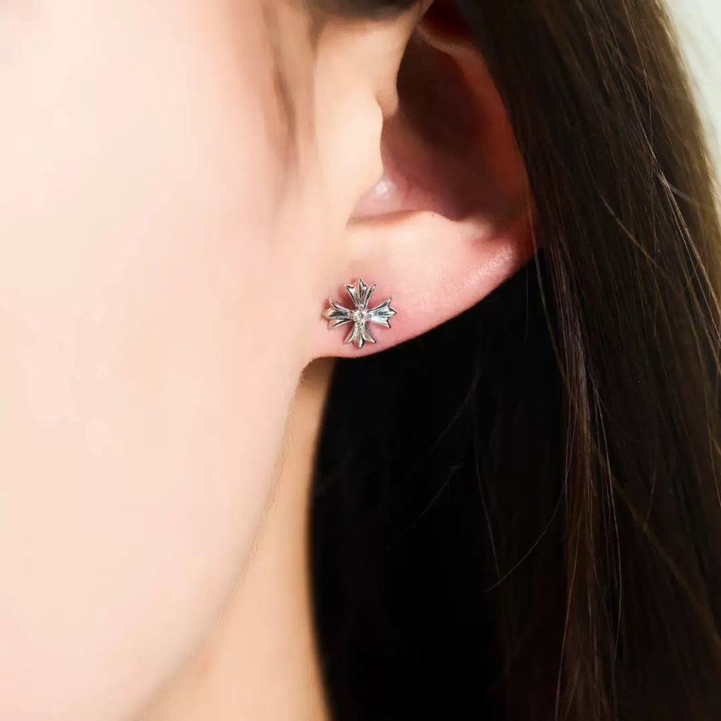 Cross Stud Earrings in Antique Silver-Tone – Design 03 front product view
