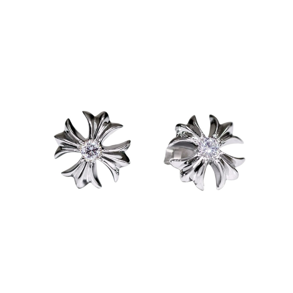 Cross Stud Earrings in Antique Silver-Tone – Design 03 front product view