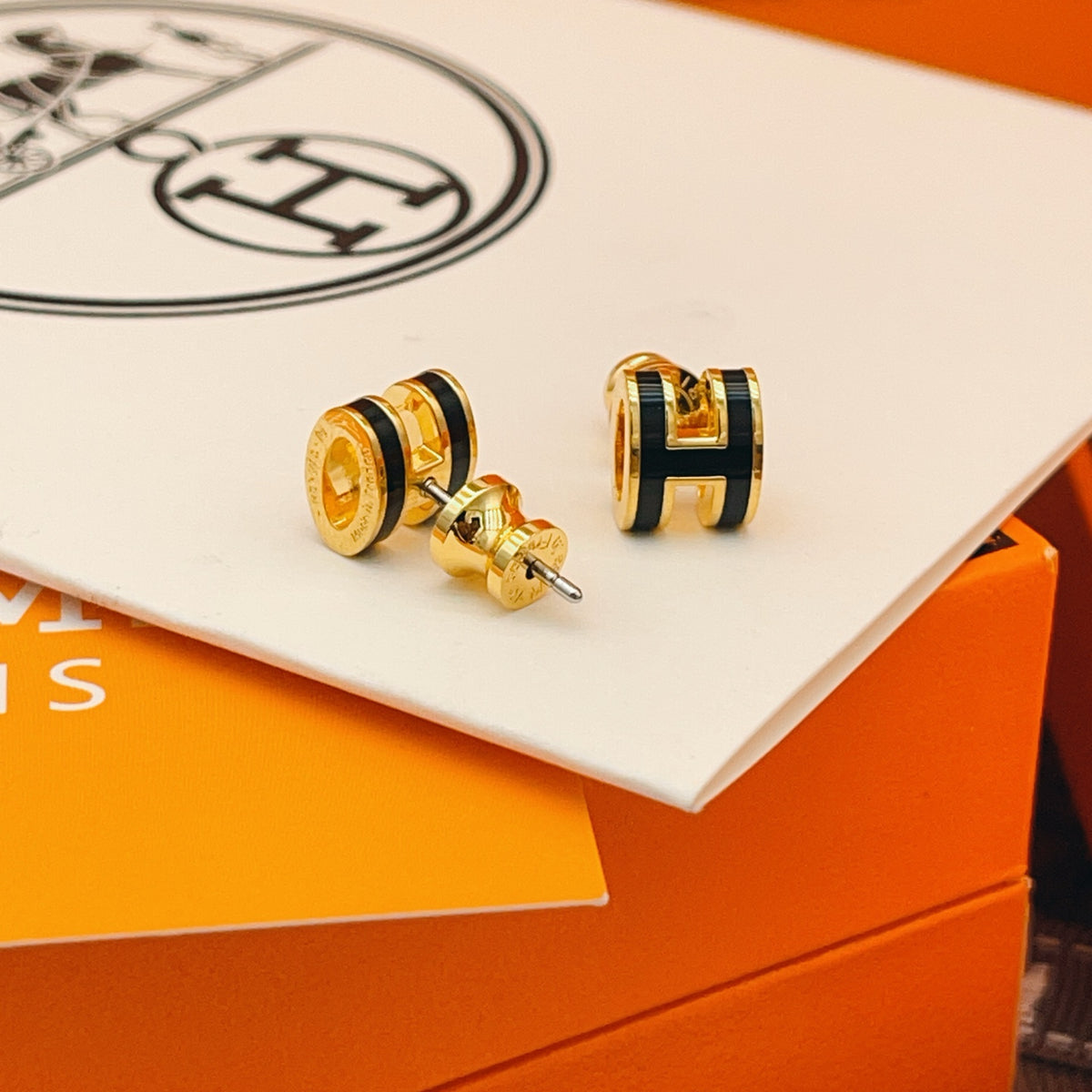 Geometric Emblem Stud Earrings in Gold-Tone – Gold Detail – Design 002 side detail