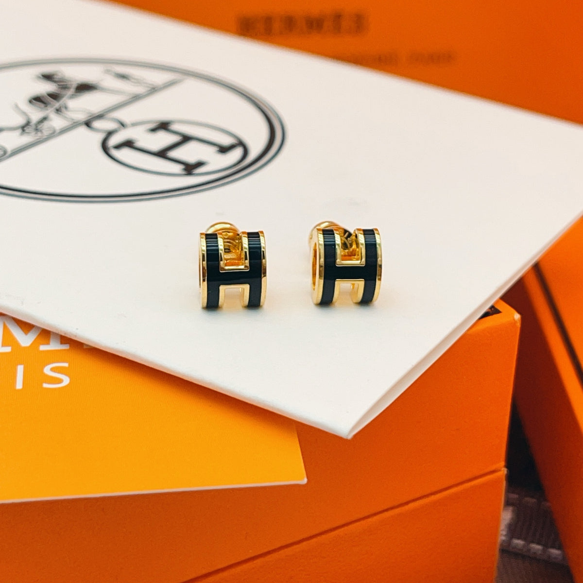 Geometric Emblem Stud Earrings in Gold-Tone – Gold Detail front product view