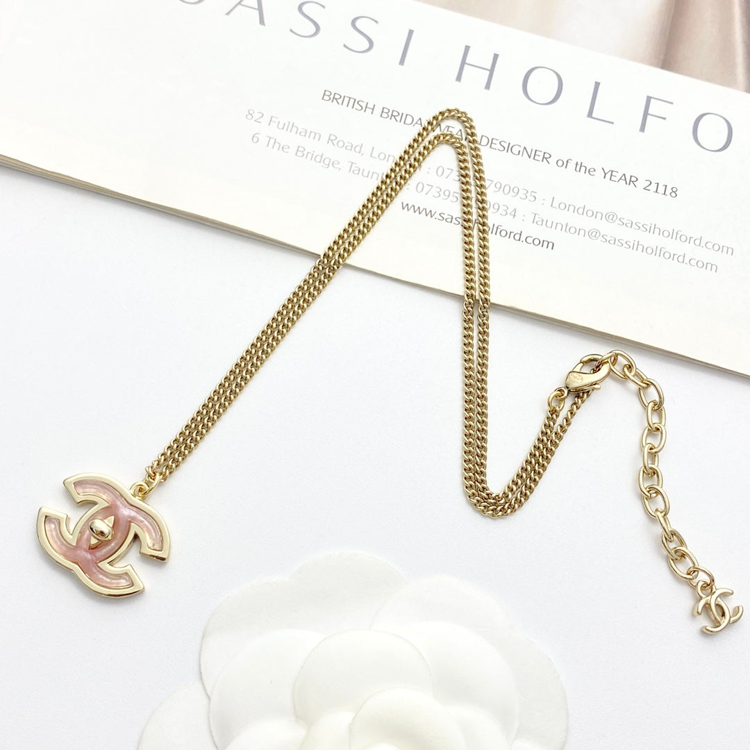 Signature Emblem Pendant Necklace in Gold-Tone – Pink Detail – Design 004 front product view