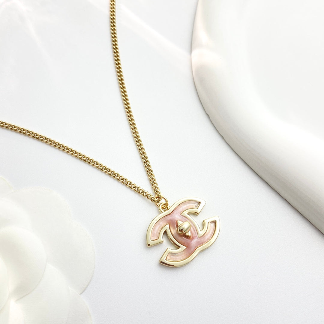 Signature Emblem Pendant Necklace in Gold-Tone – Pink Detail – Design 004 detail view