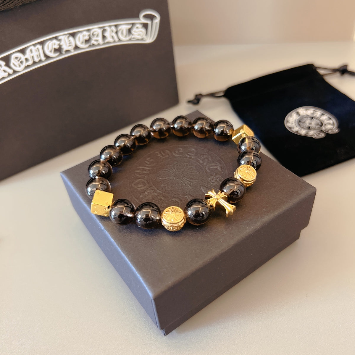 Gothic Emblem Beaded Bracelet in Metal-Tone – Design 13 front product view