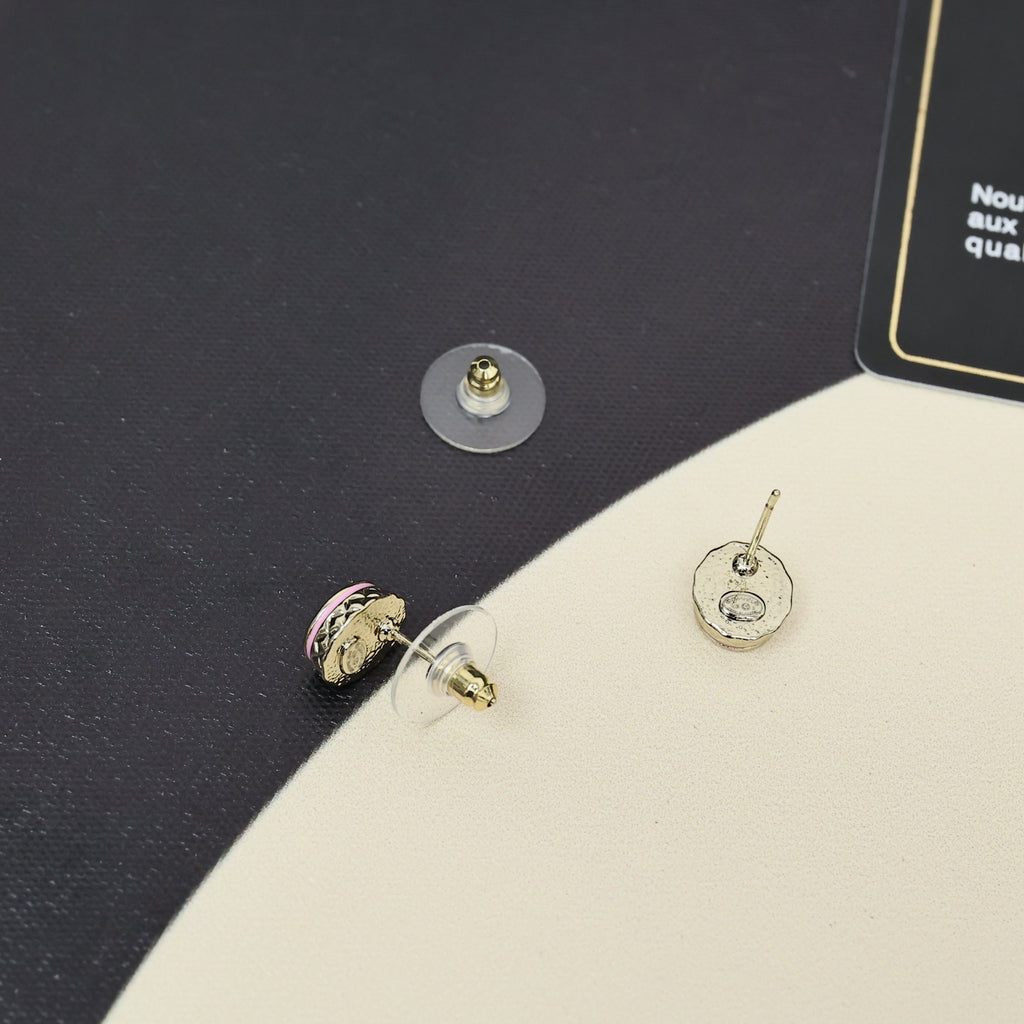Signature Emblem Stud Earrings in Polished Metal-Tone – Pink Detail front product view