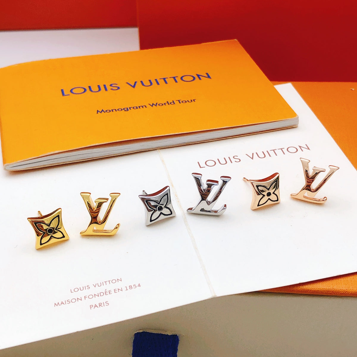Geometric Emblem Stud Earrings in Rose-Gold-Tone – Rose Gold Detail – Design 007 close-up detail