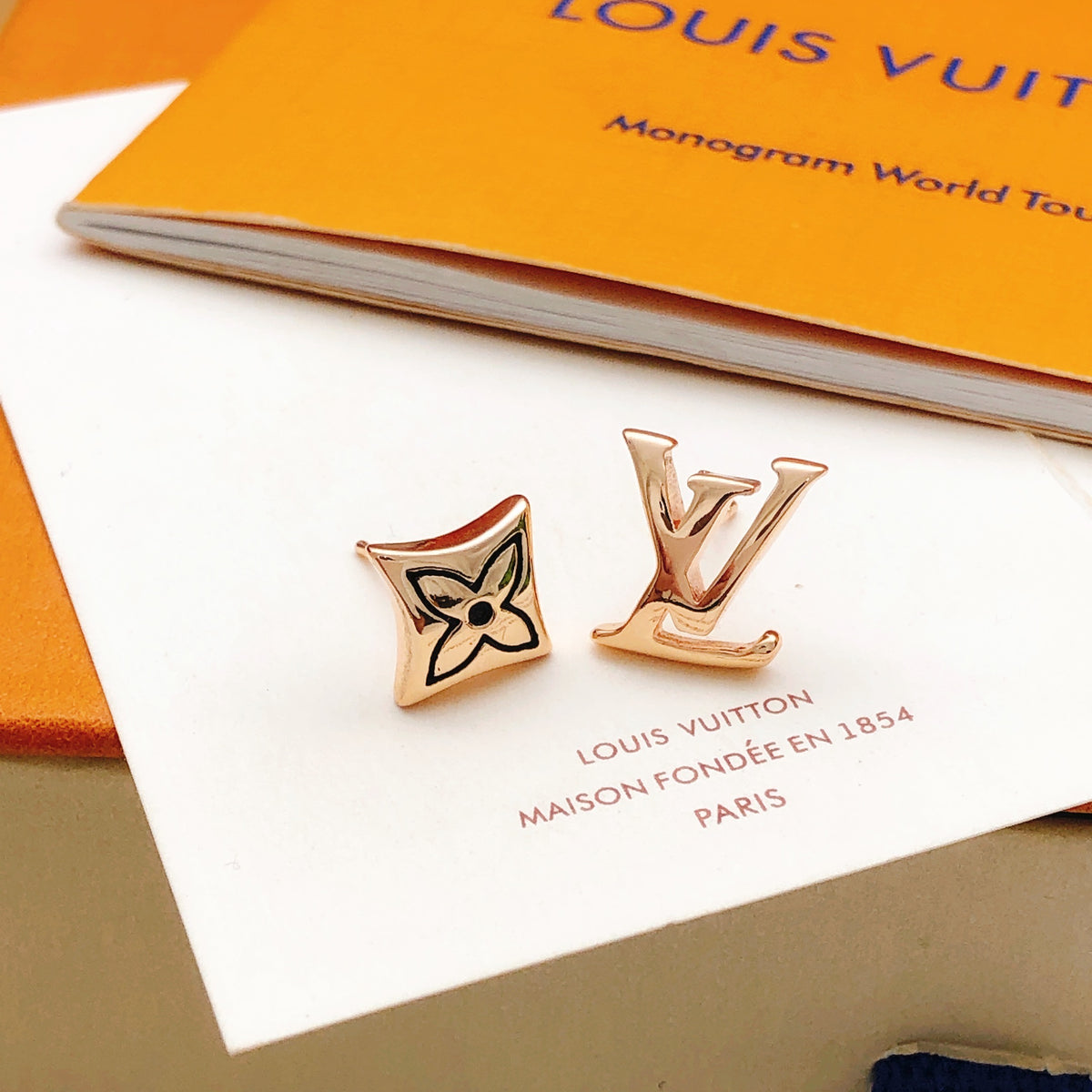Geometric Emblem Stud Earrings in Rose-Gold-Tone – Rose Gold Detail – Design 007 main product view