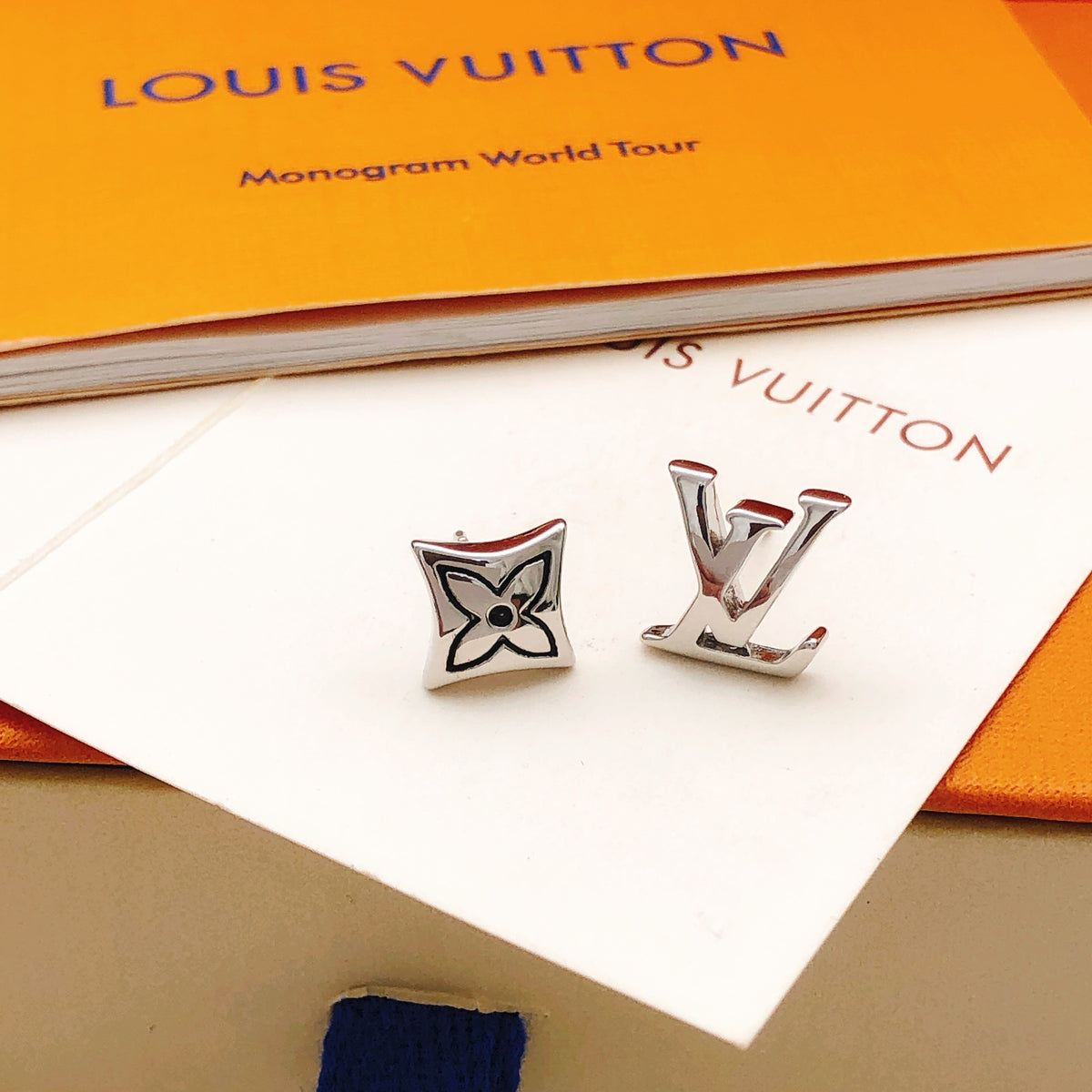 Geometric Emblem Stud Earrings in Silver-Tone – Silver Detail – Design 009 detail view
