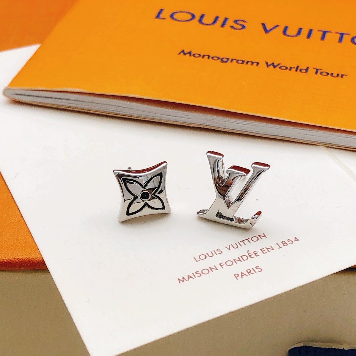 Geometric Emblem Stud Earrings in Silver-Tone – Silver Detail – Design 009 main product view