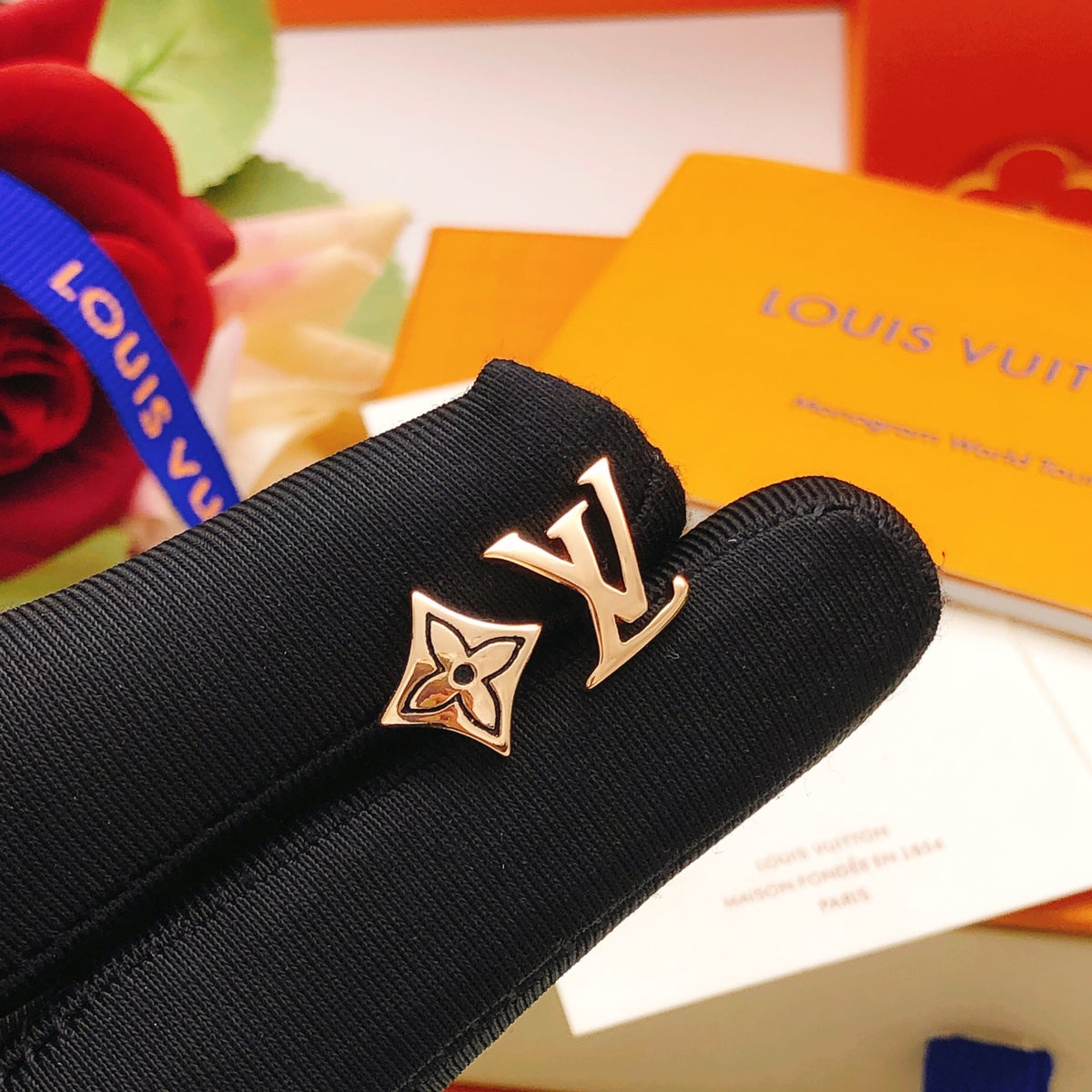 Geometric Emblem Stud Earrings in Rose-Gold-Tone – Rose Gold Detail – Design 007 styled product view