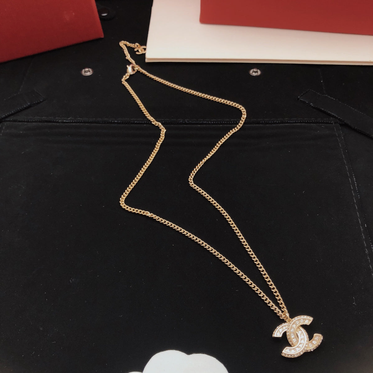 Double-C Emblem Crystal-Accent Pendant Necklace – Design 019 side detail