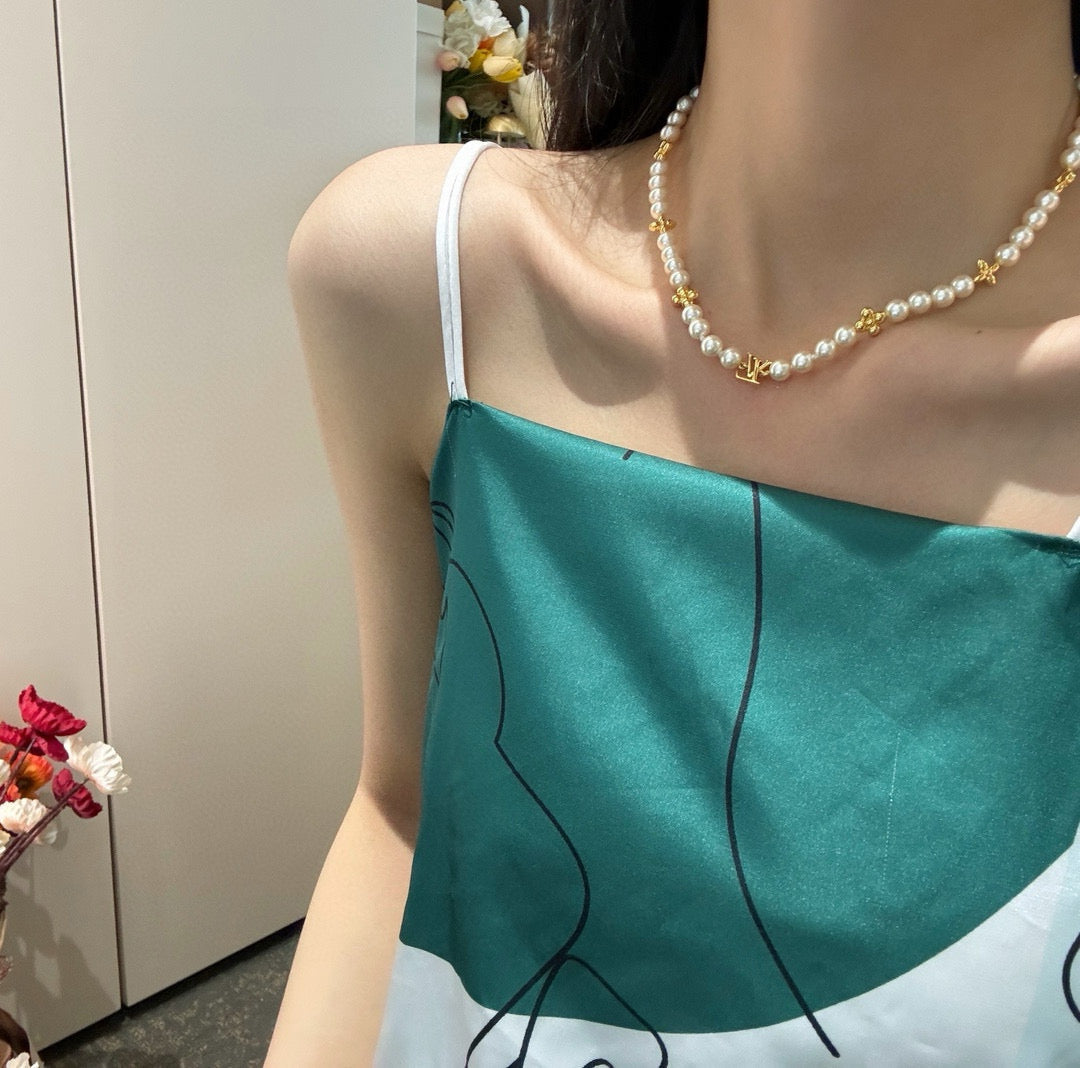Geometric Emblem Pendant Necklace in Gold-Tone – Pearl Detail – Design 004 main product view