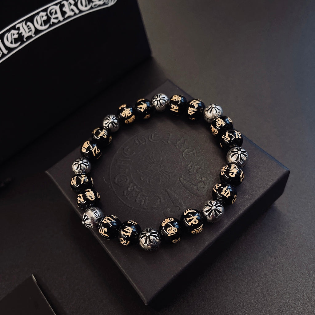 Gothic Emblem Beaded Bracelet in Metal-Tone – Design 05 front product view