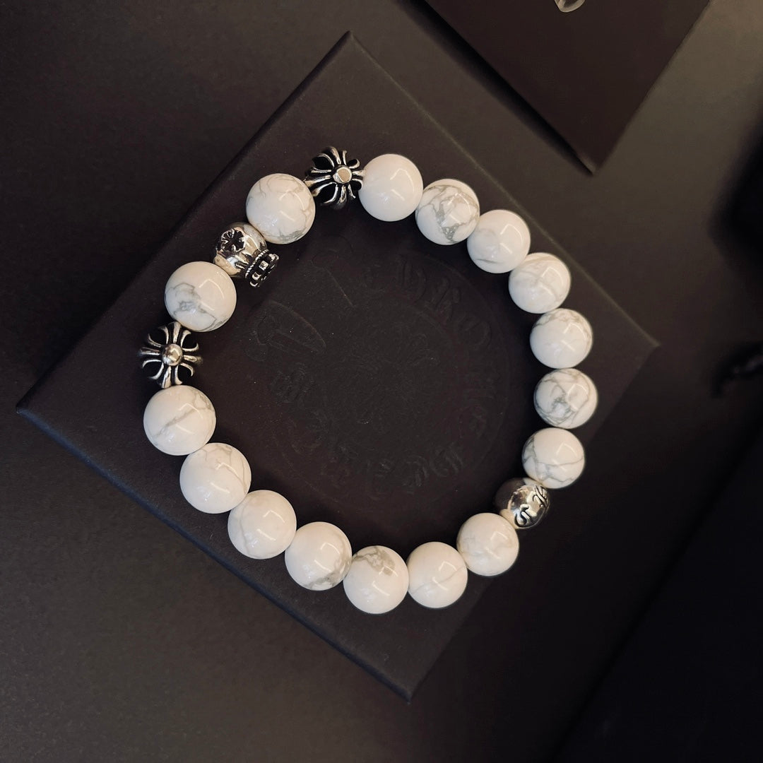 Gothic Emblem Beaded Bracelet in Metal-Tone – Design 04 front product view