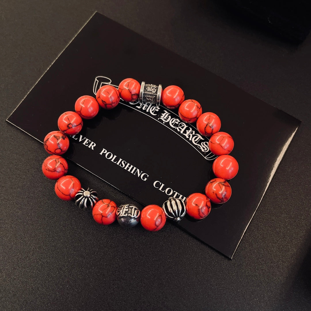 Gothic Emblem Beaded Bracelet in Metal-Tone – Design 03 front product view