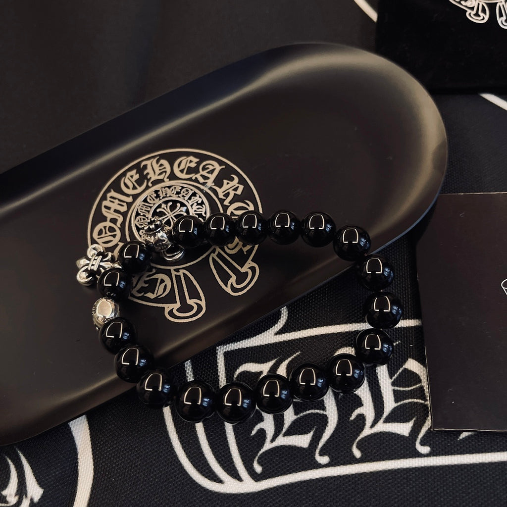 Gothic Emblem Beaded Bracelet in Metal-Tone – Design 02 front product view